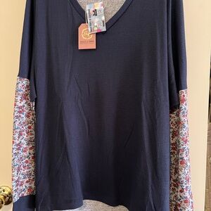 Navy Floral Sleeve Women's Top